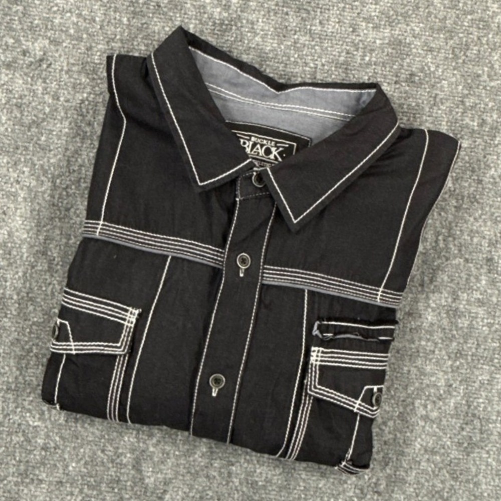 Buckle Black Shirt Mens XXL Athletic Fit Black Western Contrast Stitch Y2K
